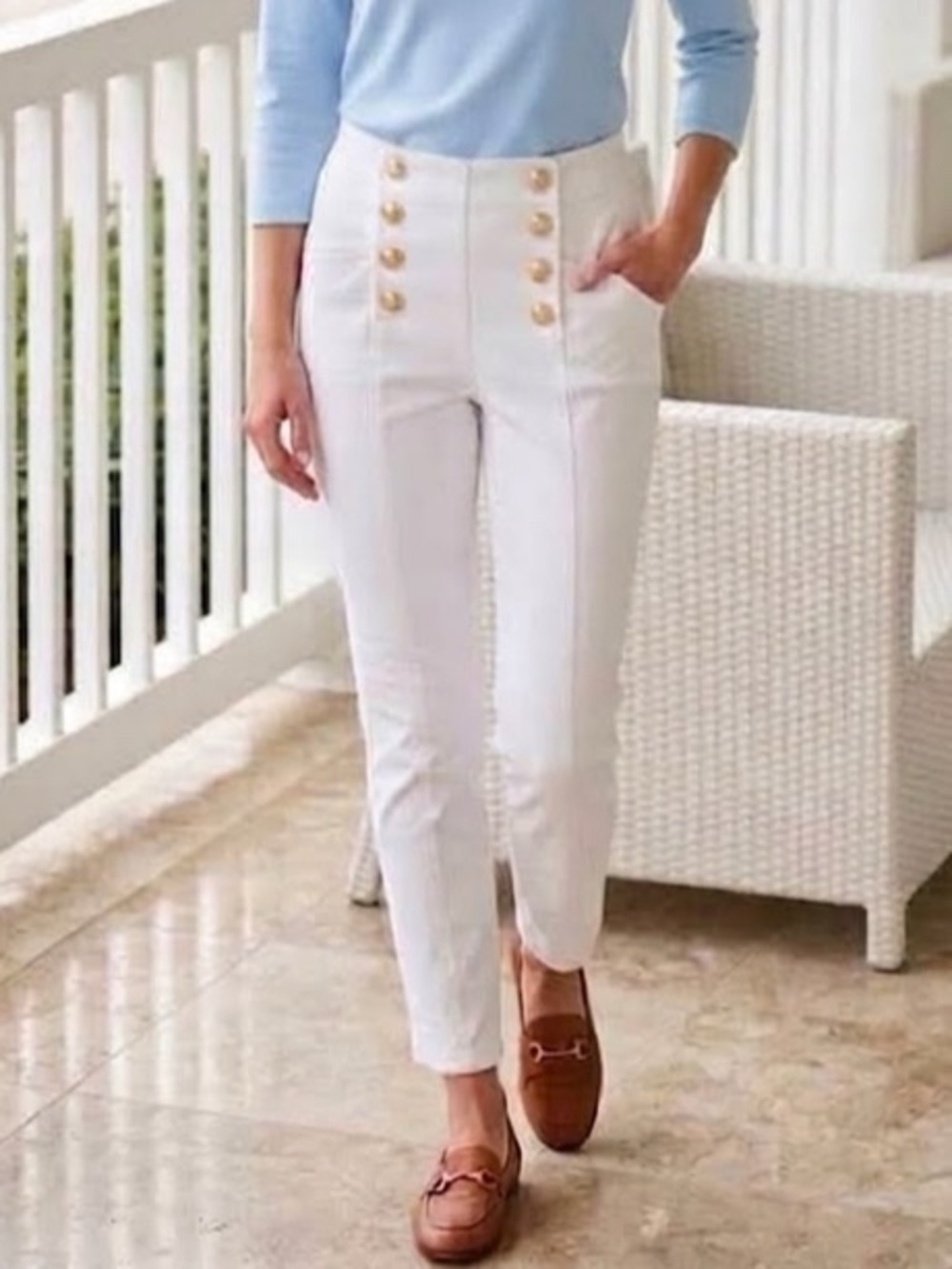 J. McLaughlin White Hastings Sailor High Rise Skinny Pants Gold Buttons - Size 0